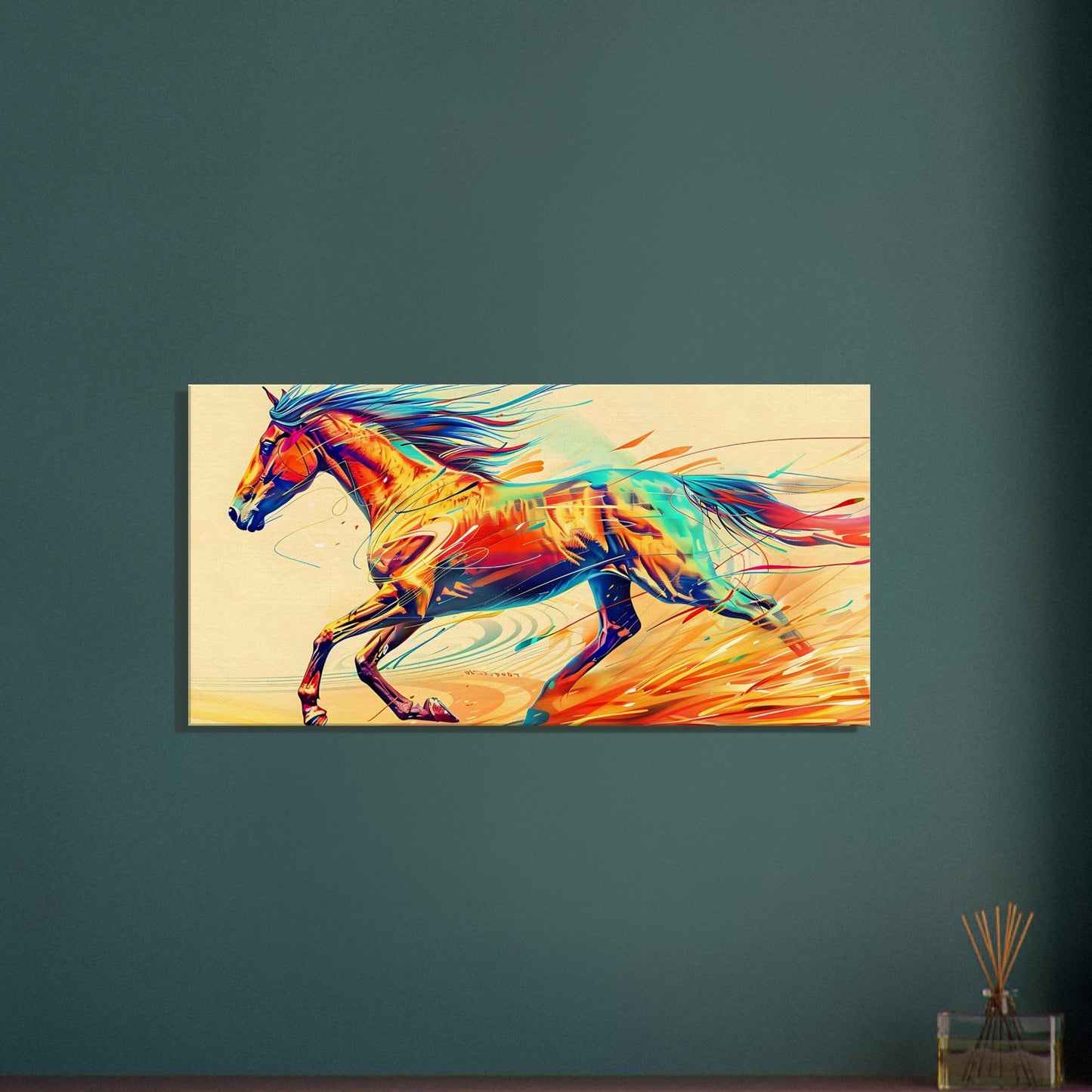 Vibrant canvas wall art titled "Galloping Vibrance," featuring a dynamic illustration of a galloping horse in bold colors.