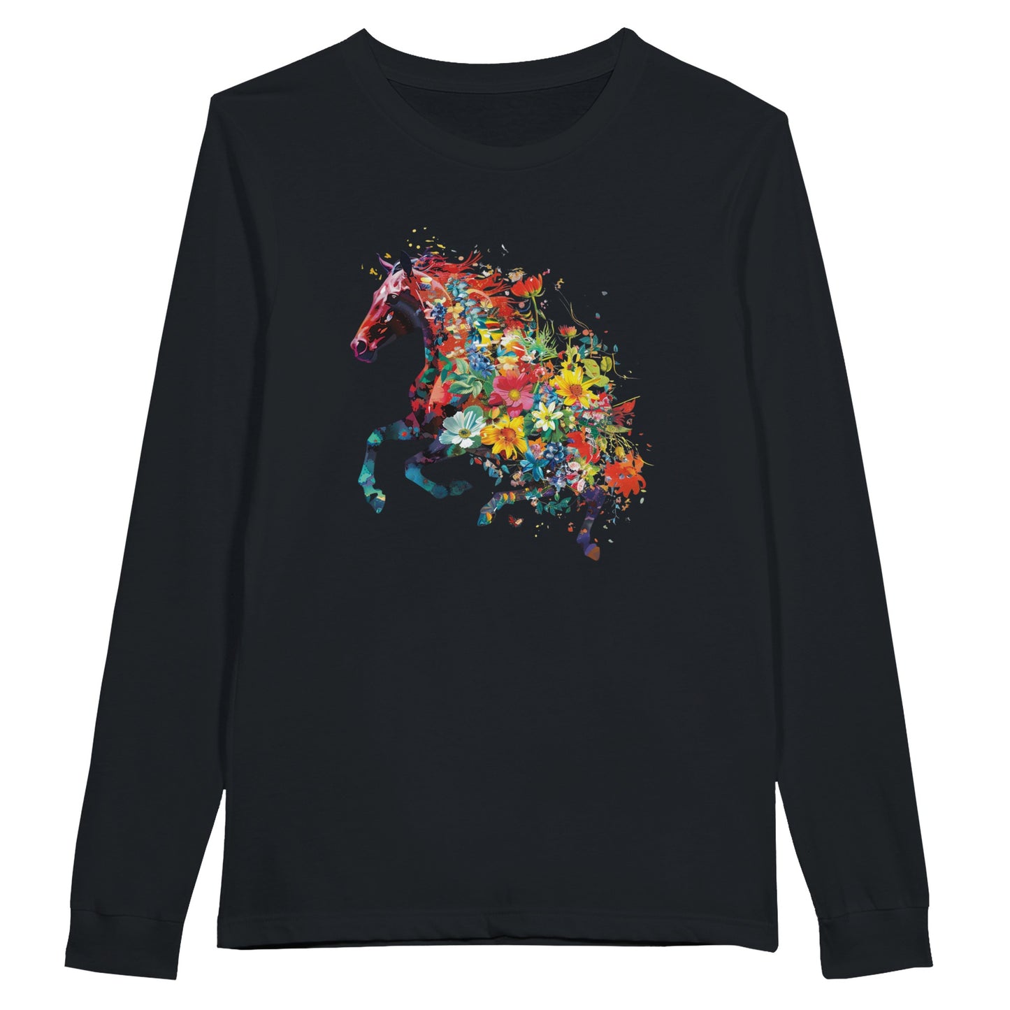 Black long sleeve tee with a floral galloping horse design