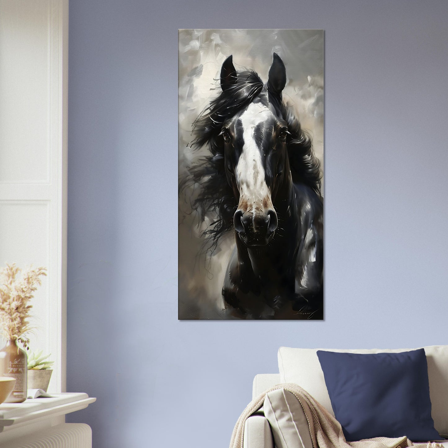 Canvas wall art featuring a majestic horse with an intense gaze for equestrian enthusiasts
