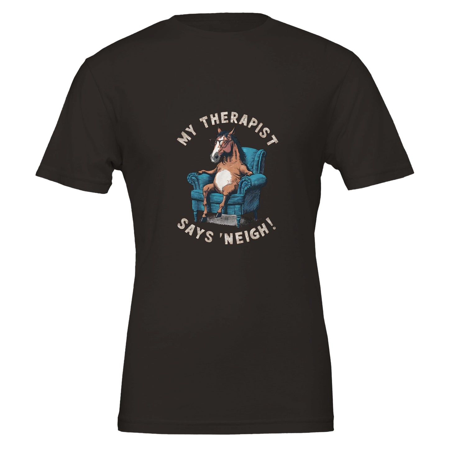 Horse T-shirt with 'My Therapist Says Neigh' design, perfect for horse lovers