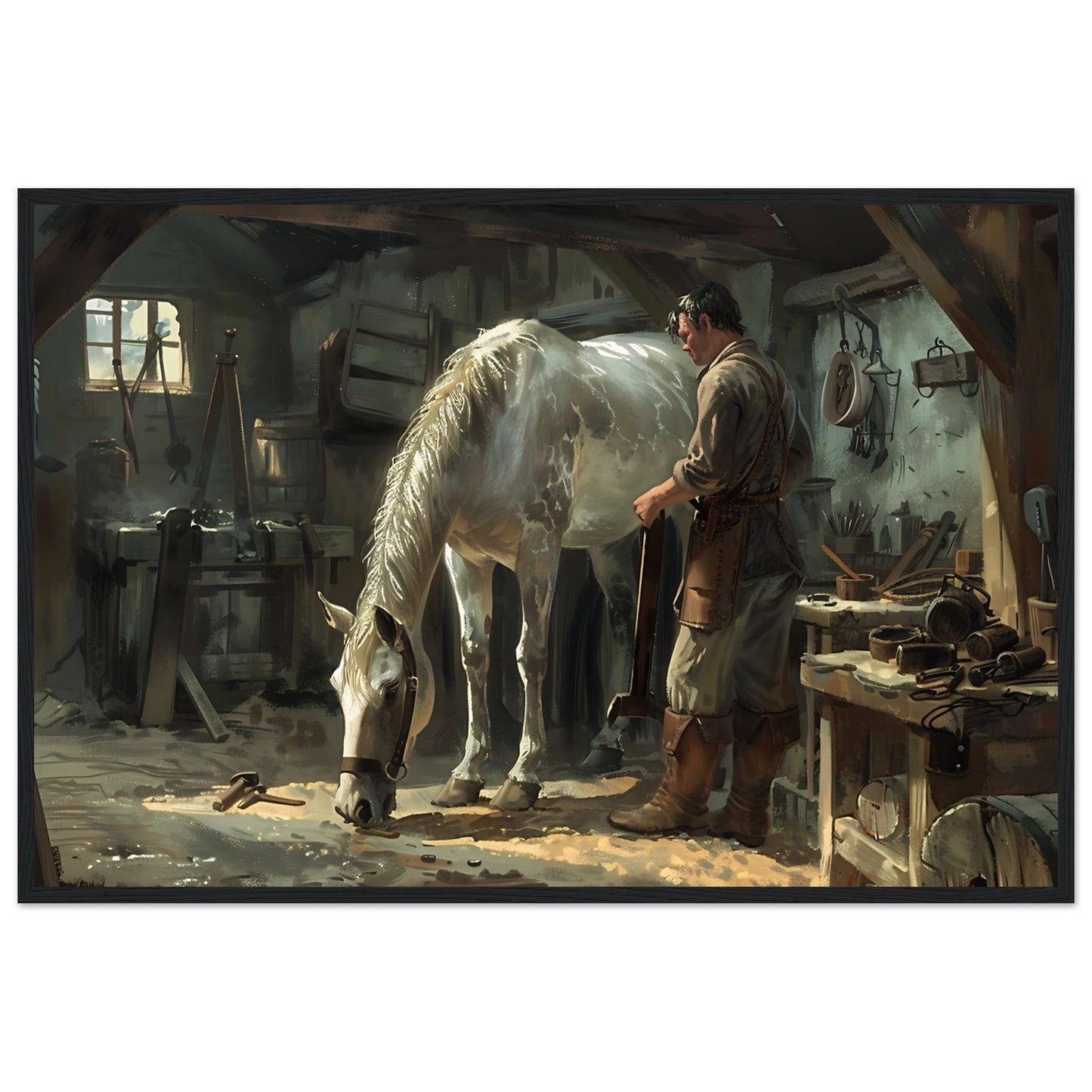 Horse framed wall art featuring a farrier at work with a horse, ideal for equestrian decor