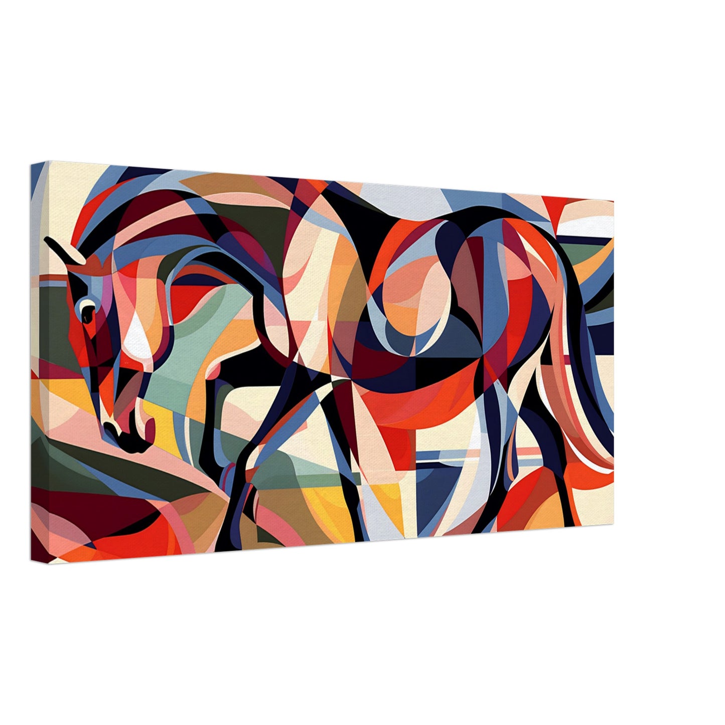 Abstract horse wall art in bold geometric shapes and vibrant colors, titled "Equine Harmony