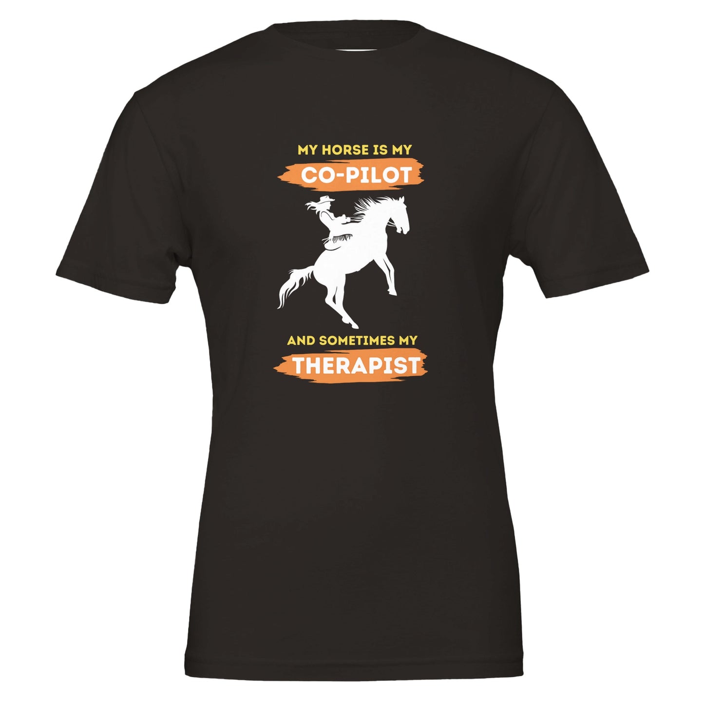 Black funny t-shirt with "My horse is my co-pilot... and sometimes my therapist" text and rider illustration for women and girls