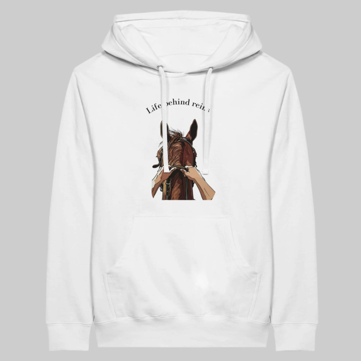 White hoodie with "Life Behind Reins" design featuring a horse and reins for horseback riding enthusiasts