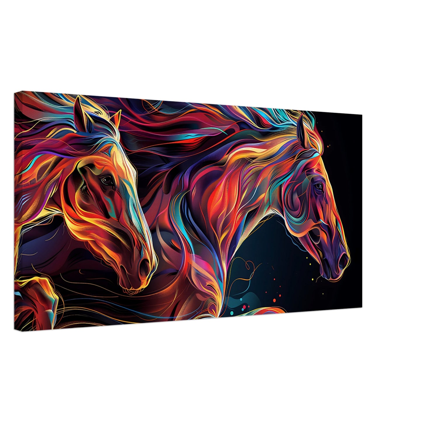 Two vibrant horses depicted in colorful, flowing lines, titled "Dynamic Duo," ideal for modern decor.