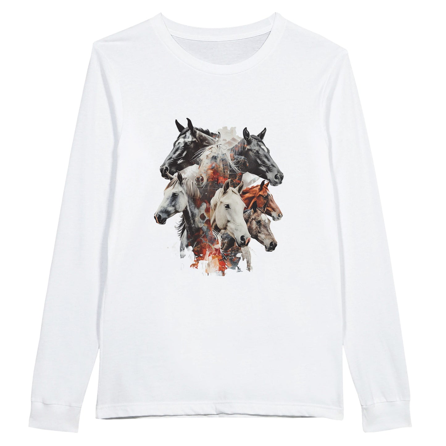 White long sleeve shirt with a majestic herd of horses design, ideal for equestrian enthusiasts and everyday comfort.