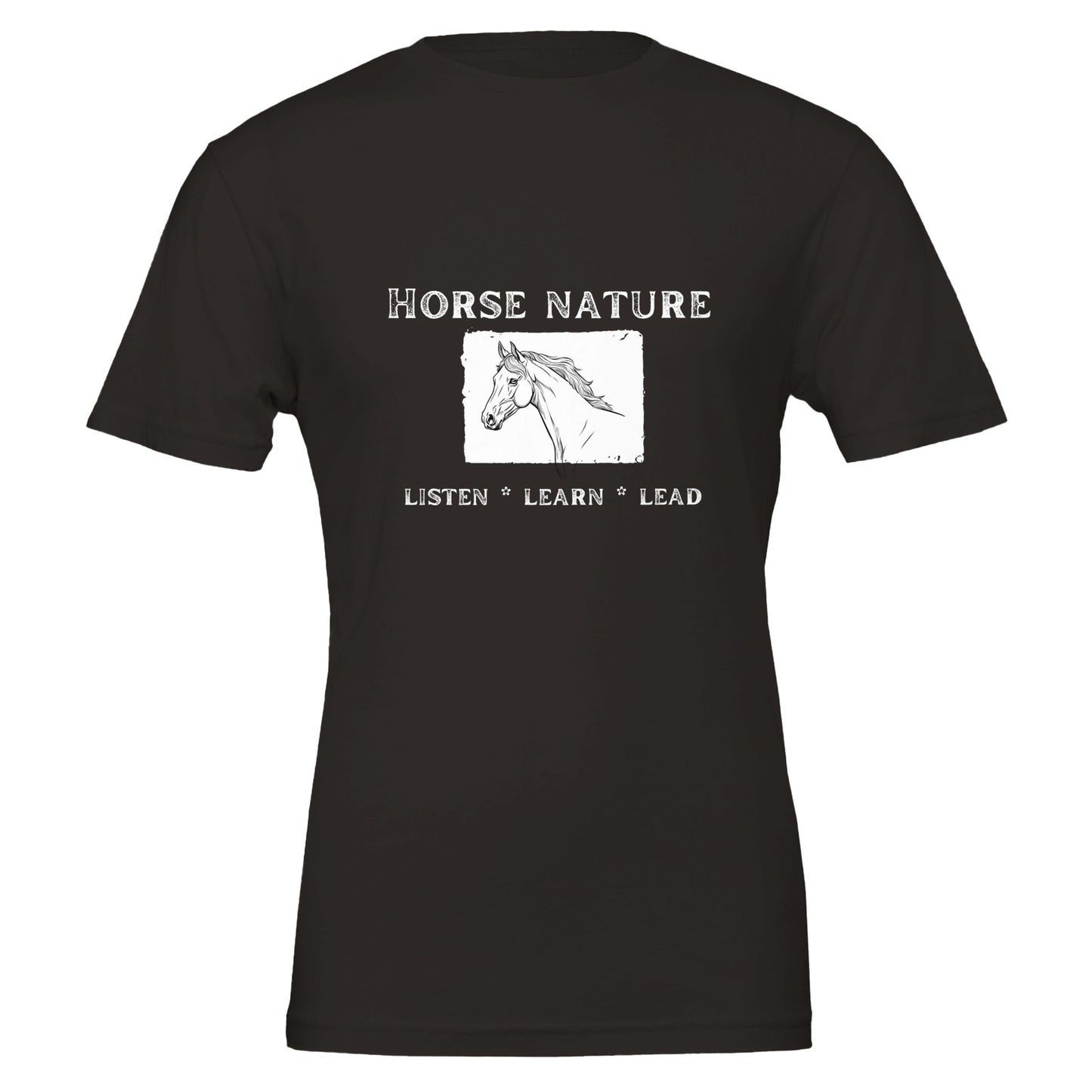 Black t-shirt for horse lovers with an inspiring design that says 'Horse nature: listen, learn, lead'.