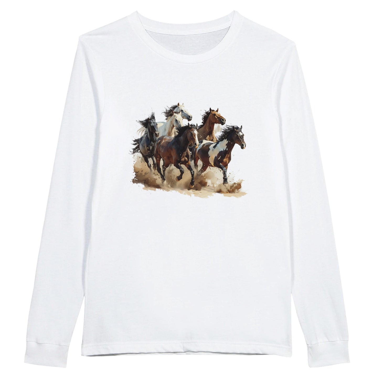 White long sleeve tee with galloping horse design