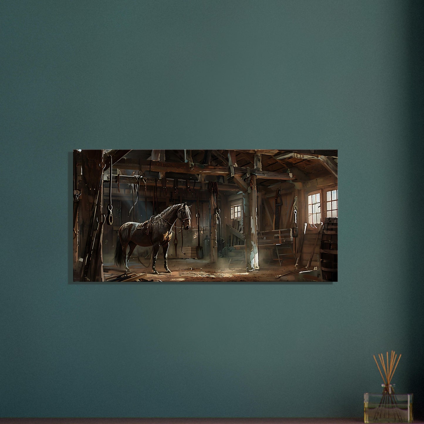 Canvas wall art with a knightly steed standing in a classic stable setting for equestrian enthusiasts