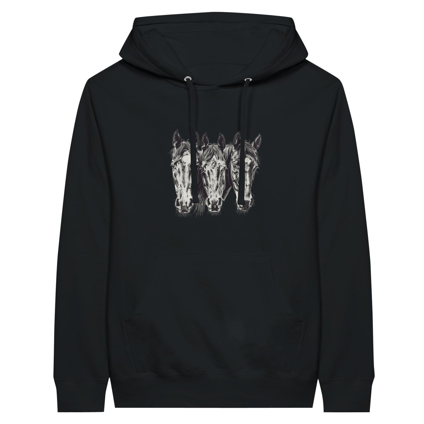 Black hoodie with three detailed horse head designs, perfect for equestrian enthusiasts.
