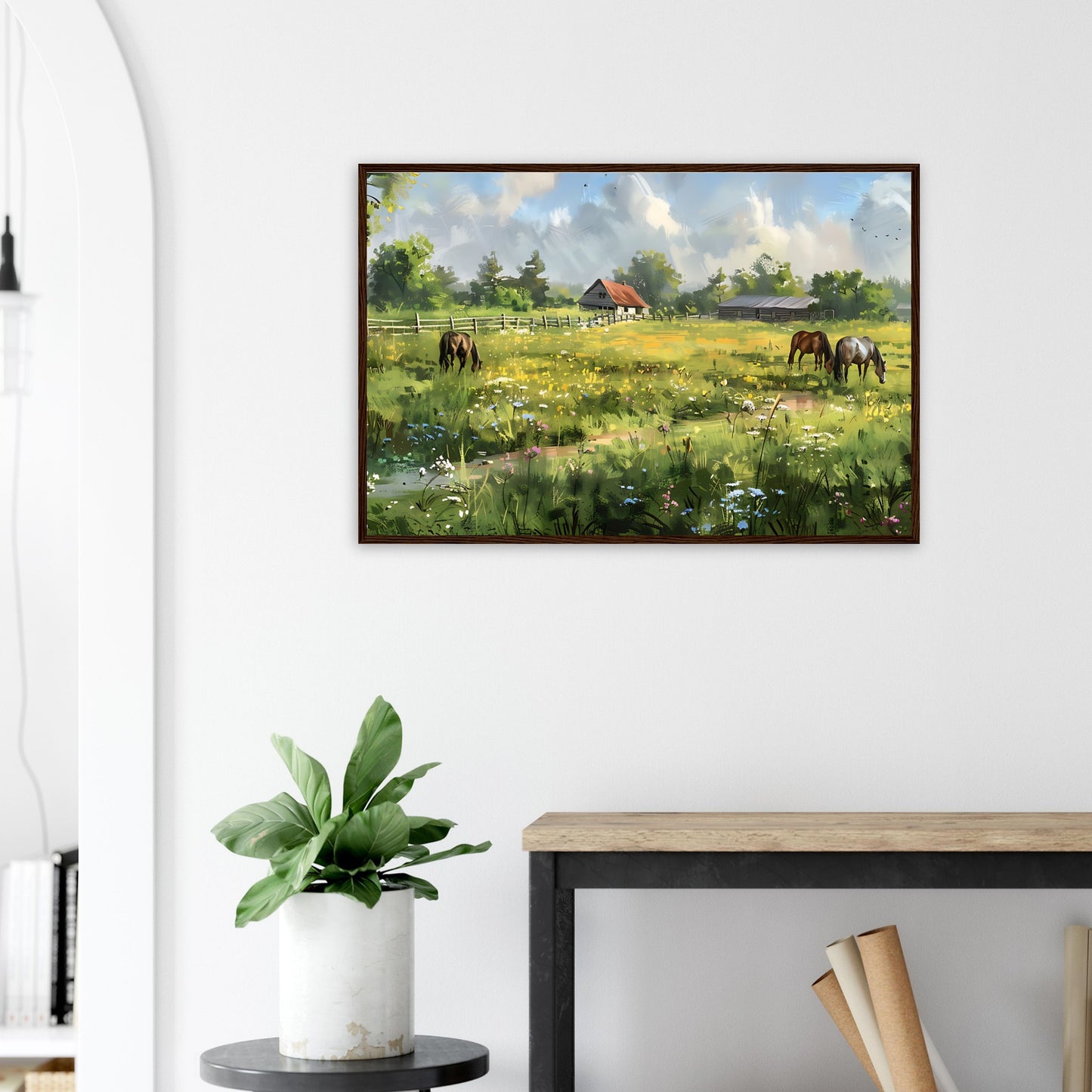 Horse framed wall art with horses grazing in a springtime meadow, perfect for horse lovers