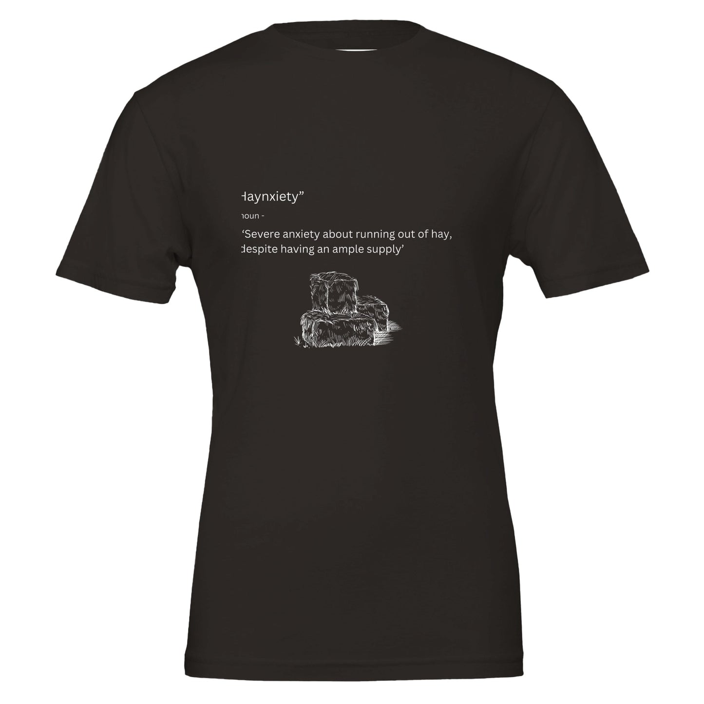 black t-shirt with "Haynxiety" definition and hay bale illustration for horse enthusiasts.