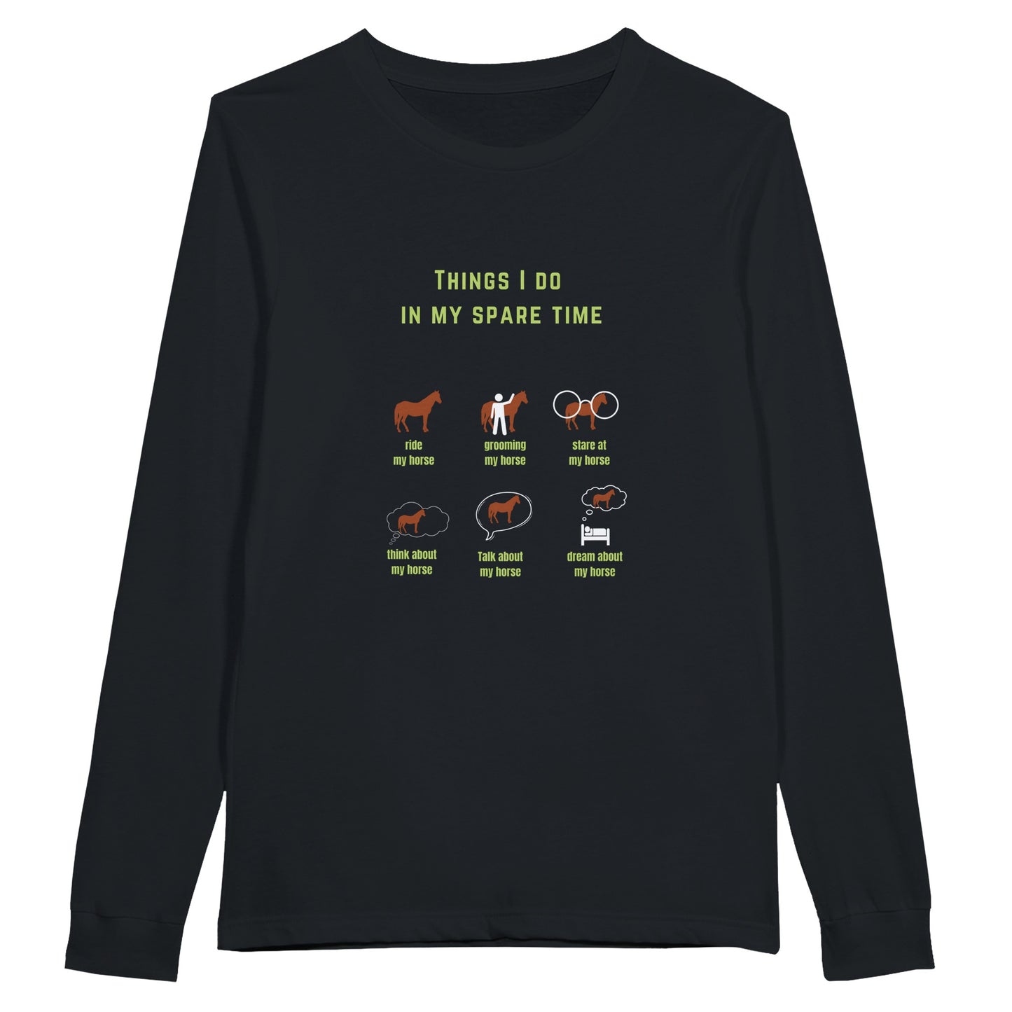 Long sleeve equestrian shirt with 'Things I Do in My Spare Time' design, ideal for horse lovers