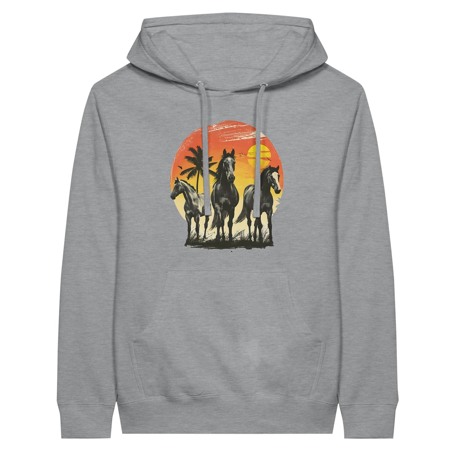 Gray horse hoodie with a graphic of three horses standing against a vivid sunset background, highlighting equestrian elegance.