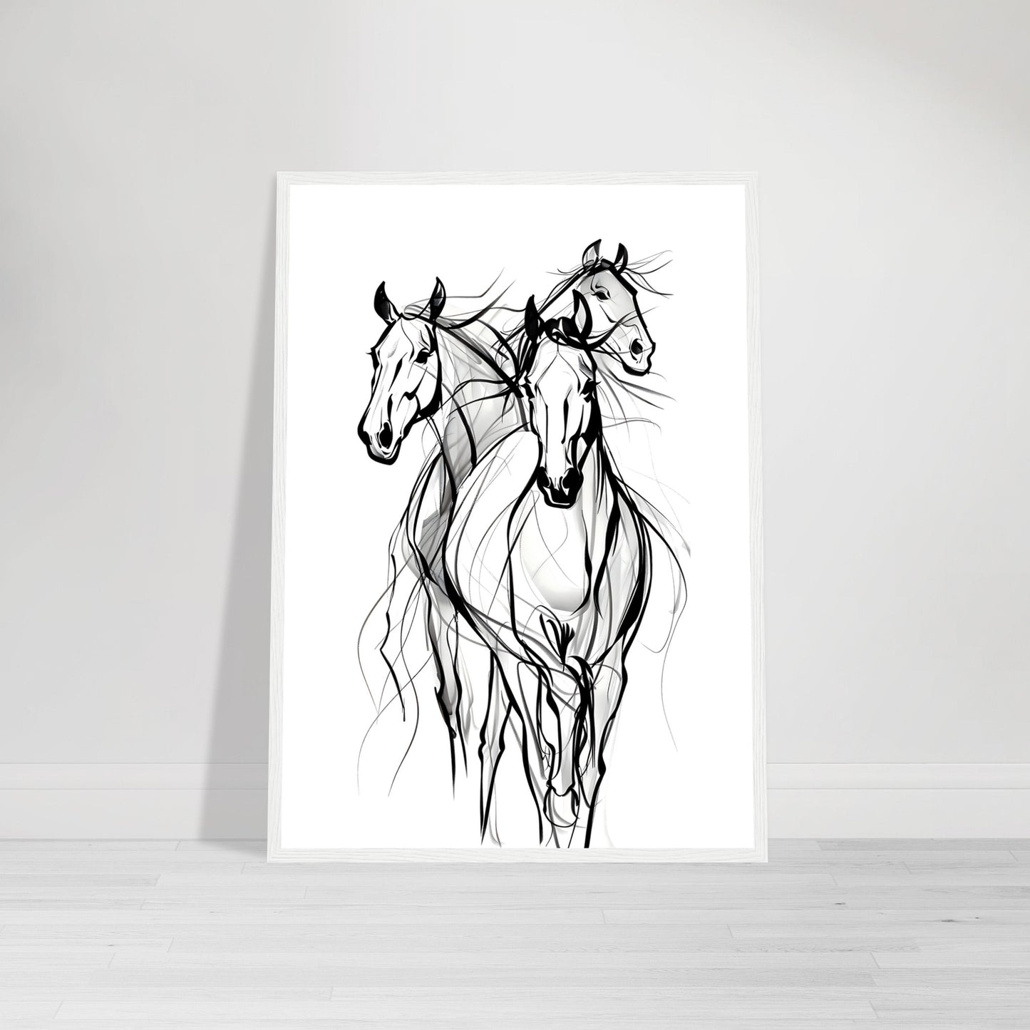 Horse framed wall art with black-and-white sketch of three horses in motion, perfect for horse enthusiasts