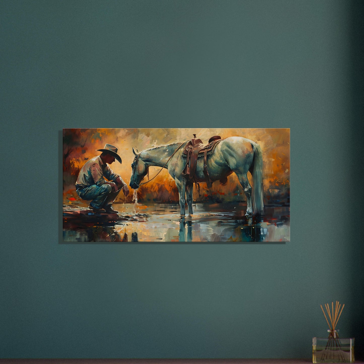 Horse canvas wall art with cowboy and horse at a stream, ideal for rustic decor