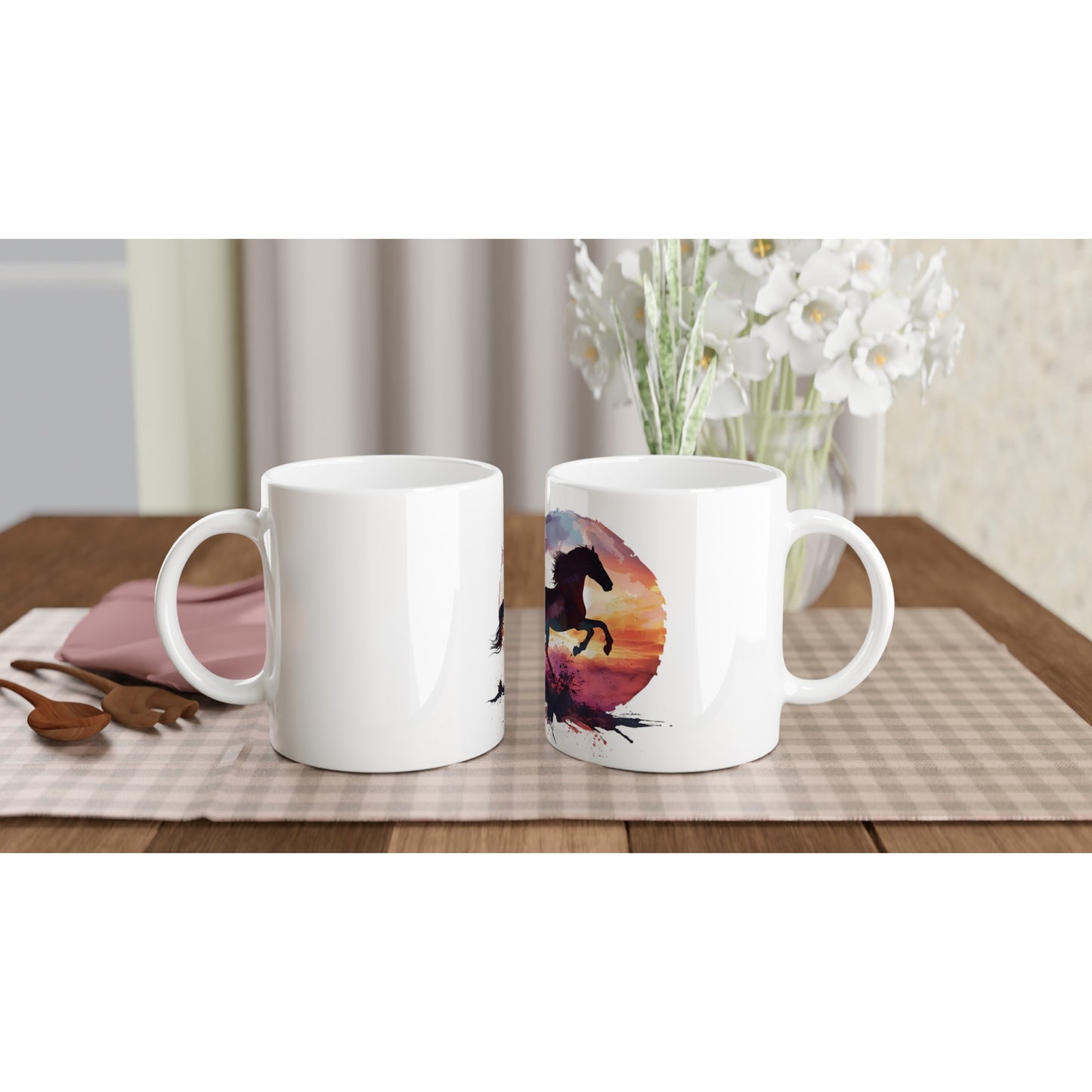 White horse coffee mug featuring a watercolor horse design against a colorful sunset horizon.