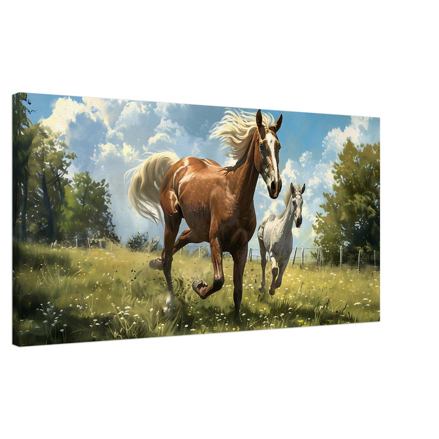 "Joyful Gallop" horse canvas wall art - two horses running in a sunlit meadow