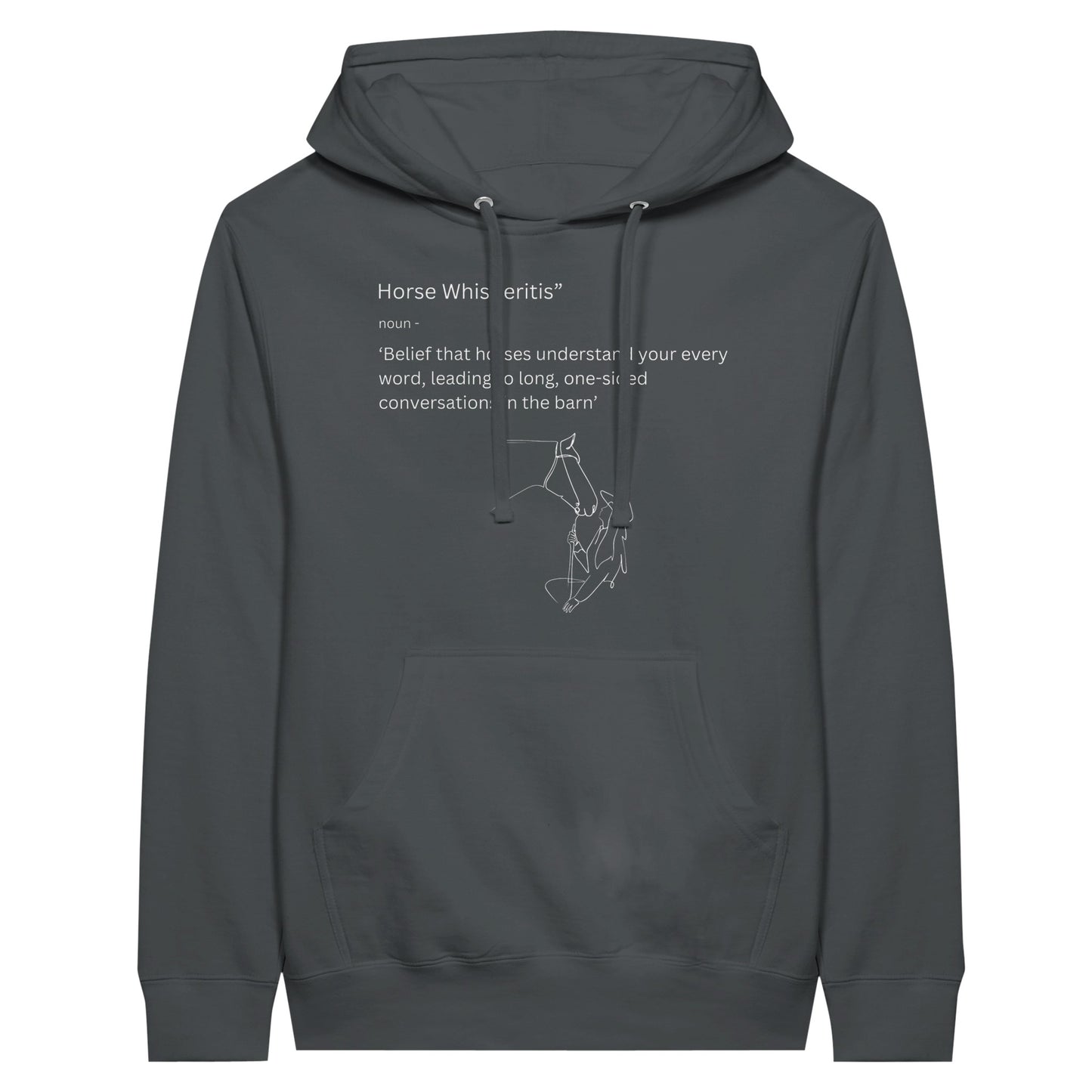 Gray pullover hoodie with "Horse Whisperitis" humorous phrase, ideal for equestrians with a sense of humor.