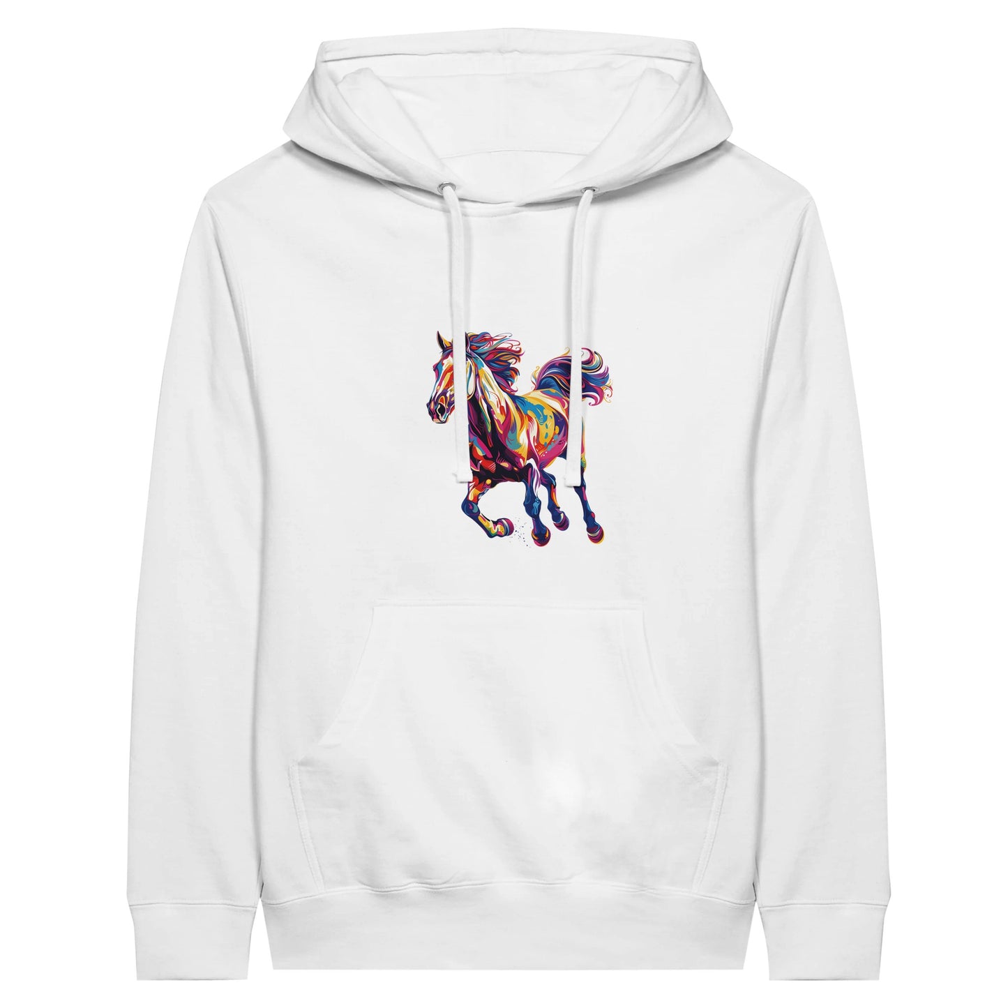 White hoodie with a colorful, artistic horse design – perfect for horse lovers.