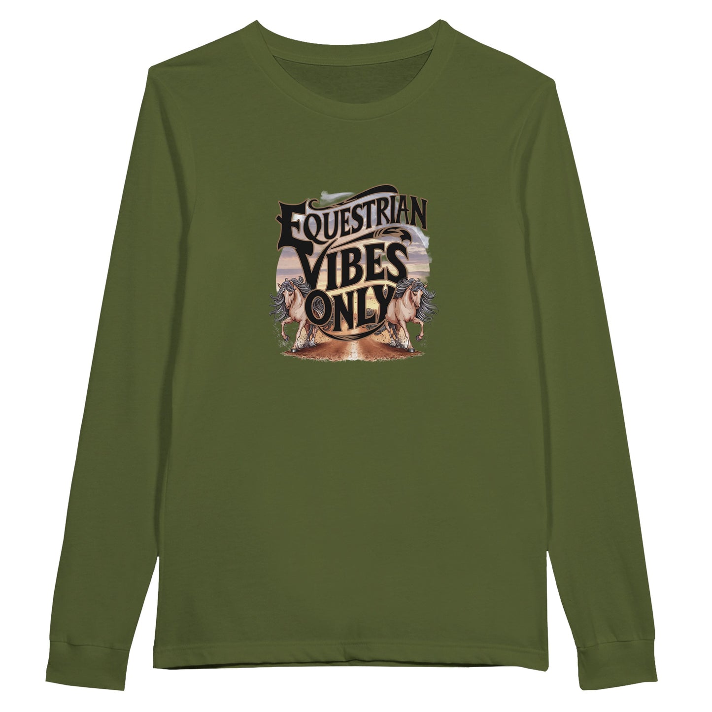 Green long sleeve t-shirt with "Equestrian Vibes Only" text and galloping horse graphics, ideal for equestrian enthusiasts.