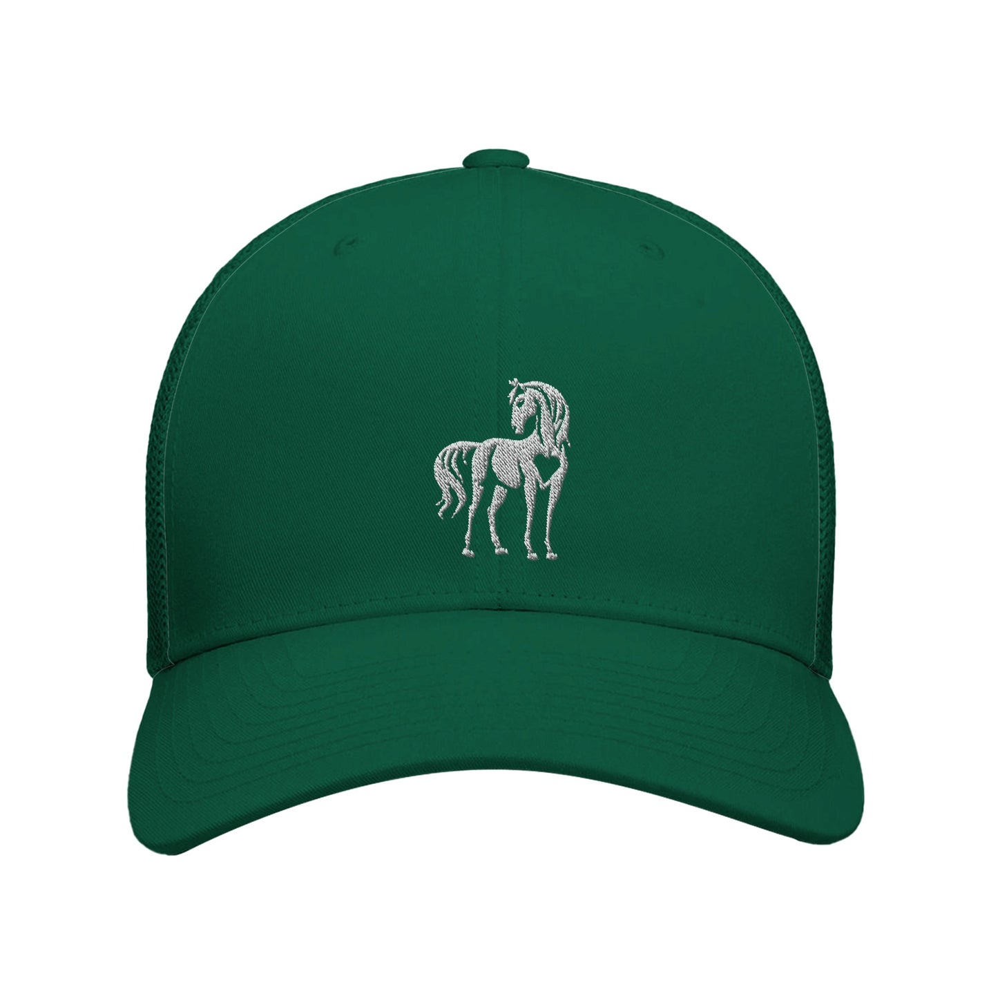 Green horse trucker hat with embroidered horse and heart design