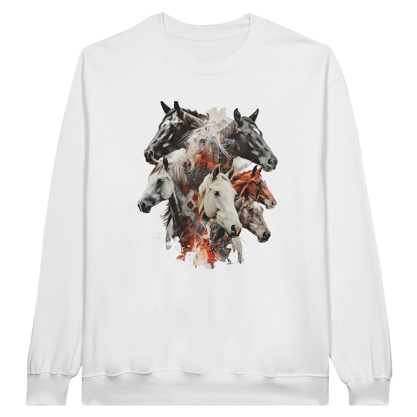 White sweatshirt with a majestic herd of horses design, perfect for equestrian enthusiasts and everyday comfort.