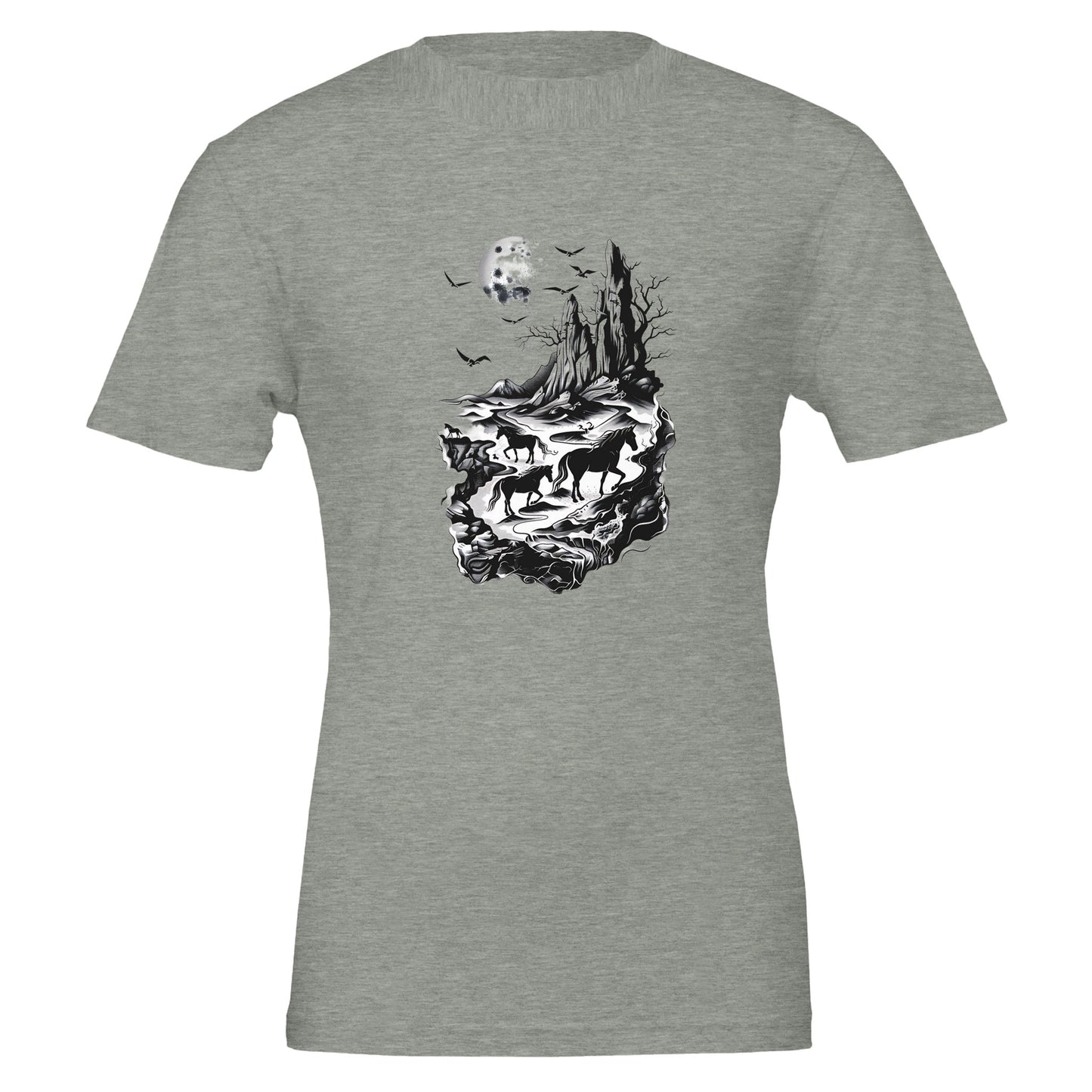 Gray T-shirt with horse design showcasing a black-and-white surreal landscape with horses under a moonlit sky.