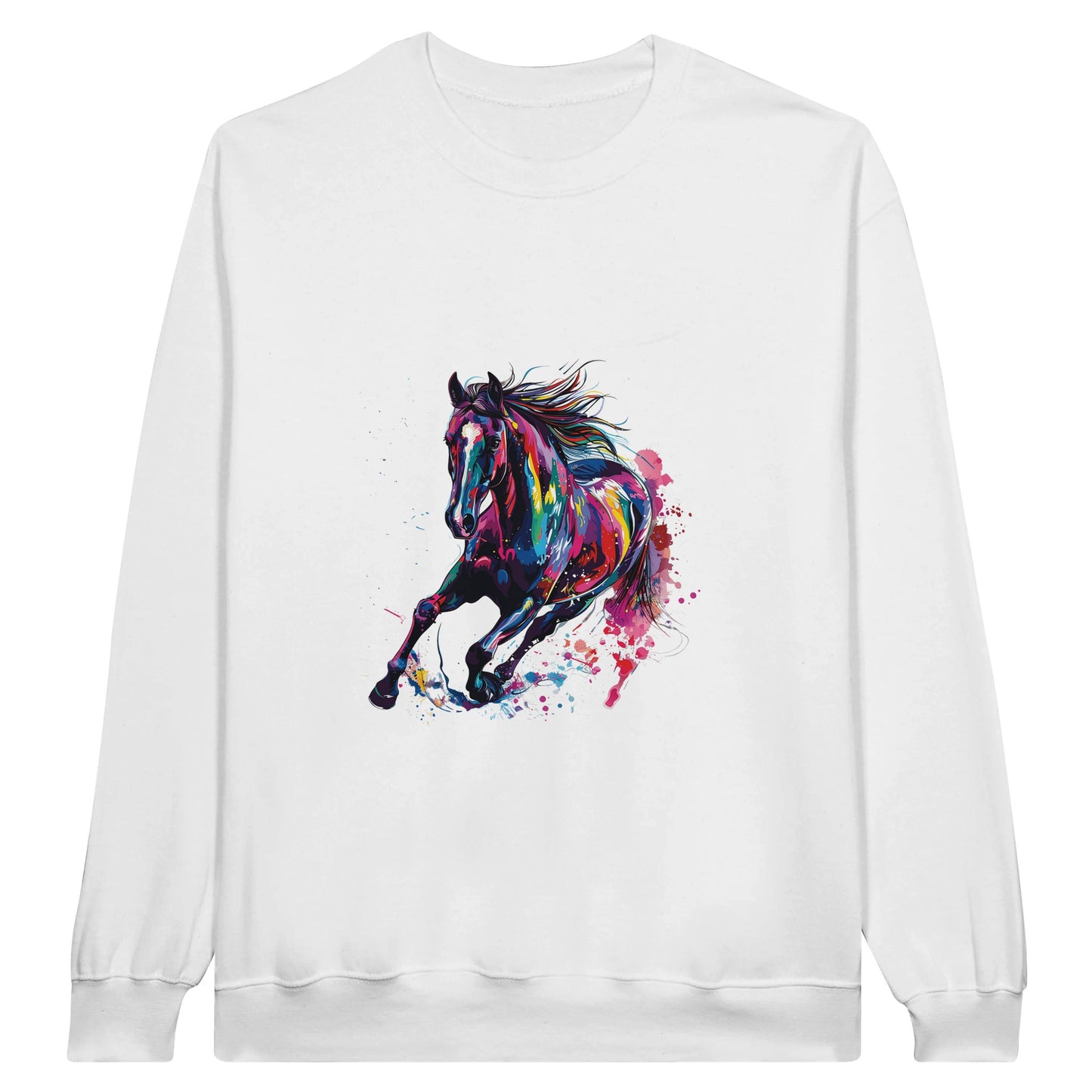 White sweatshirt with a colorful galloping horse design, ideal for equestrian enthusiasts.