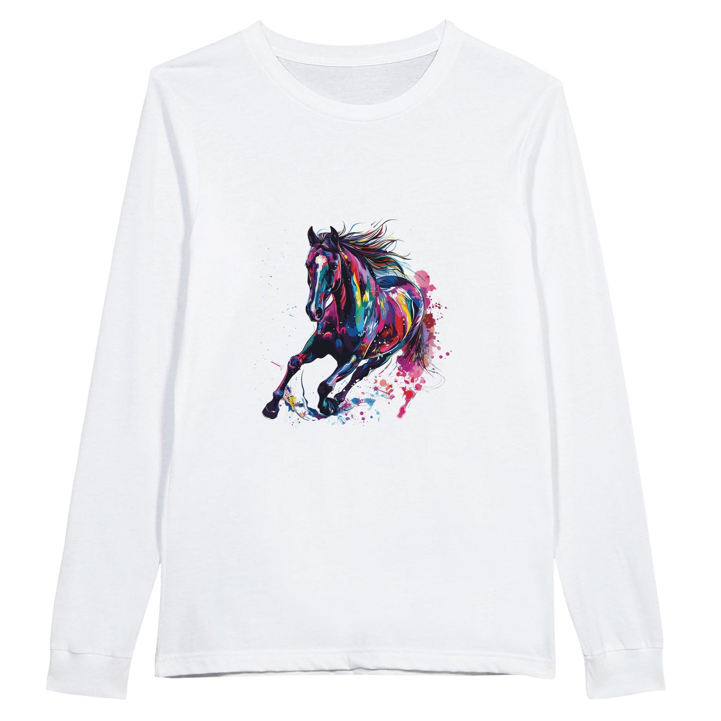 White long sleeve shirt with a vibrant galloping horse design, ideal for horse lovers and equestrian enthusiasts.
