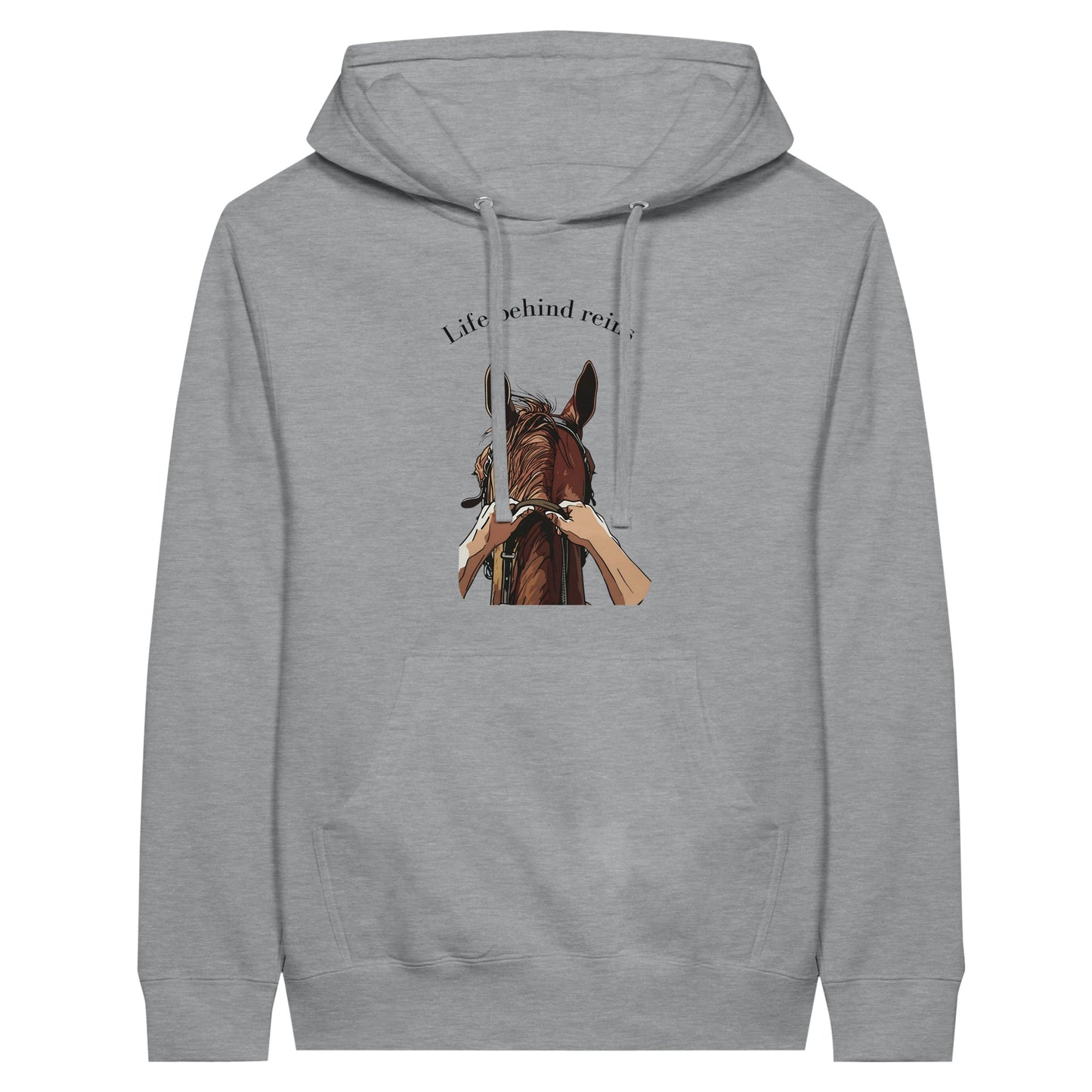 Gray hoodie with "Life Behind Reins" design featuring a horse and reins for horseback riding enthusiasts