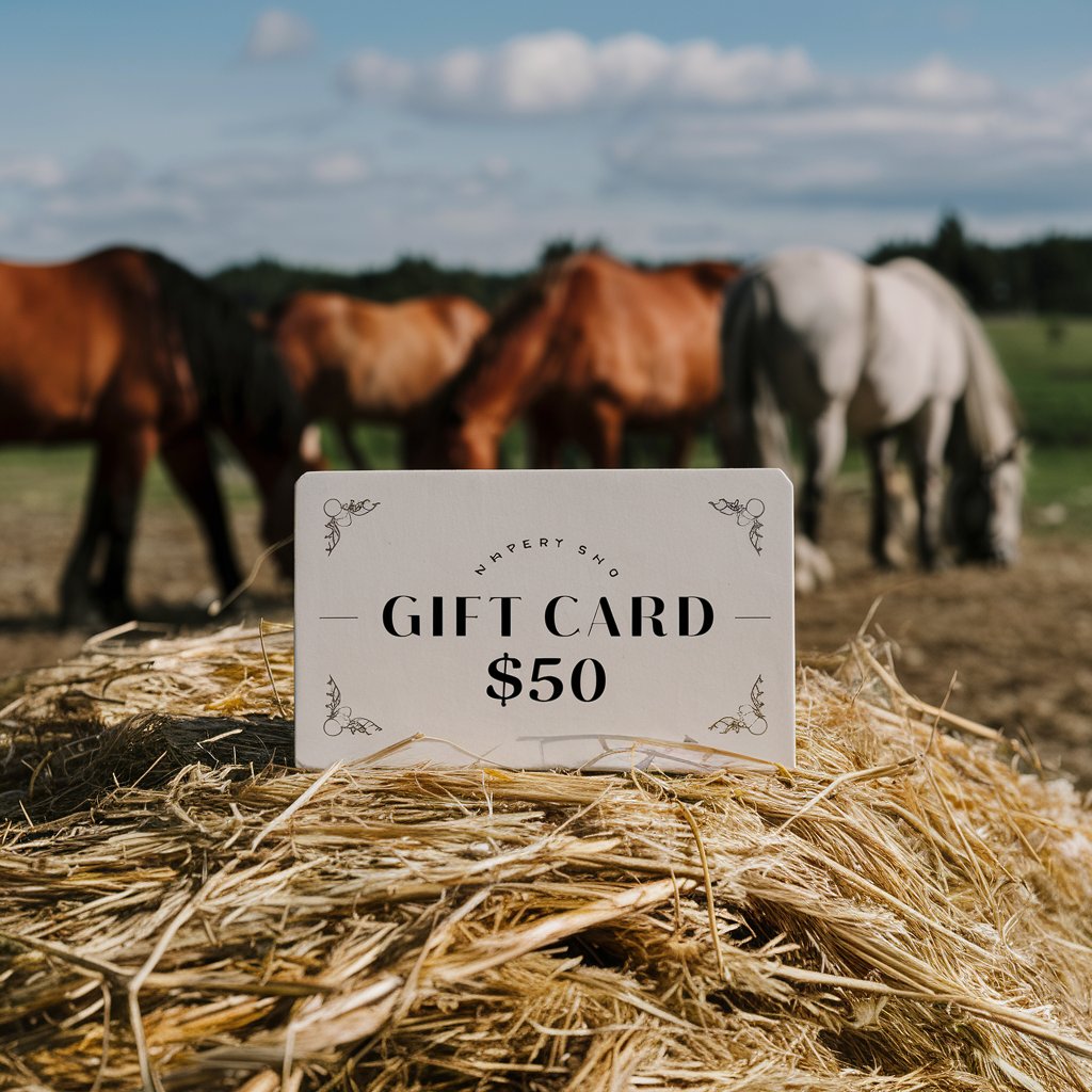 Mane Market Gift Card on hay with horses in the background, a perfect choice for unique gifts for horse lovers.
