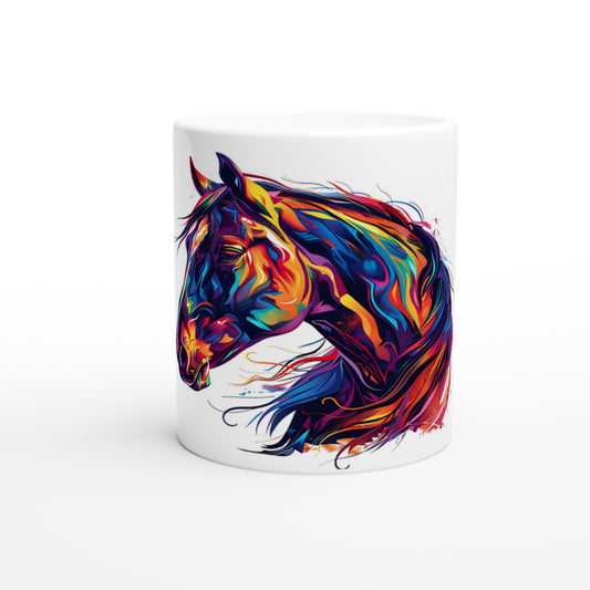 White coffee mug with a vibrant artistic horse head design, perfect for horse lovers.

