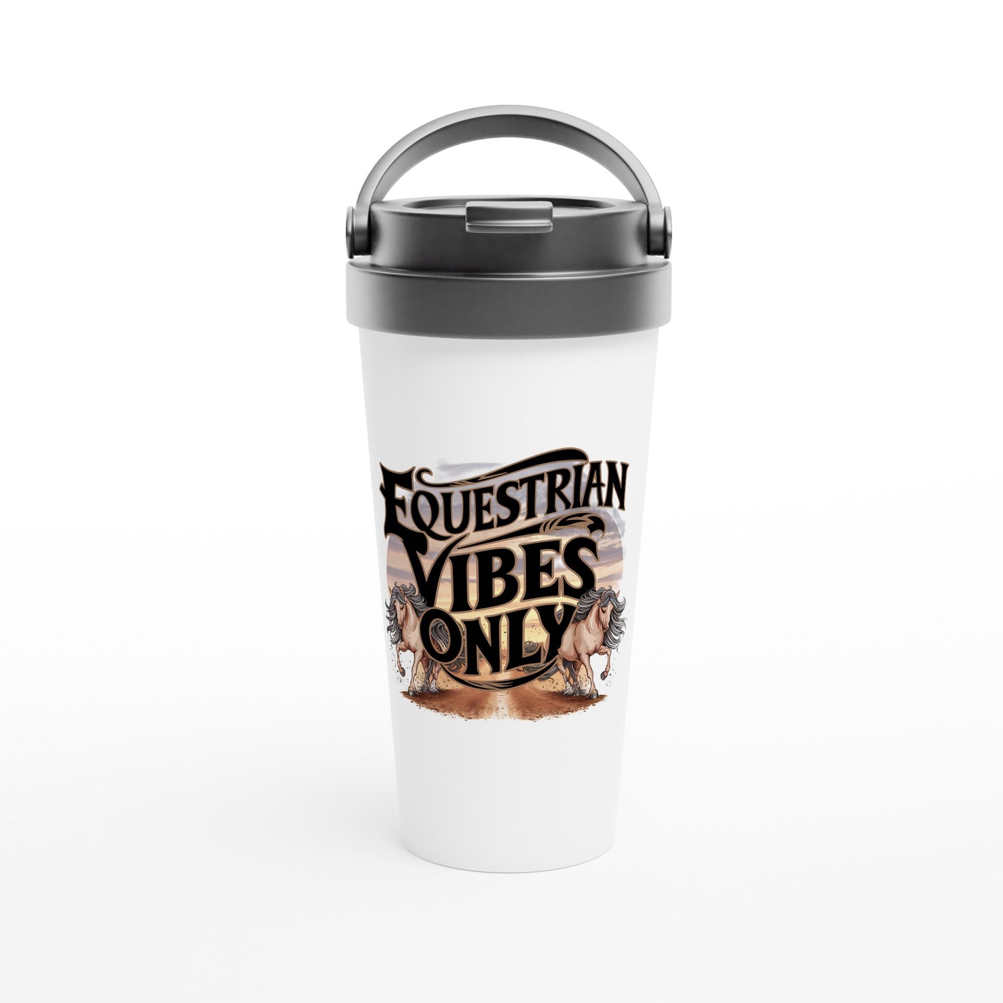 White travel tumbler with "Equestrian Vibes Only" text and galloping horses design, perfect for horse enthusiasts.

