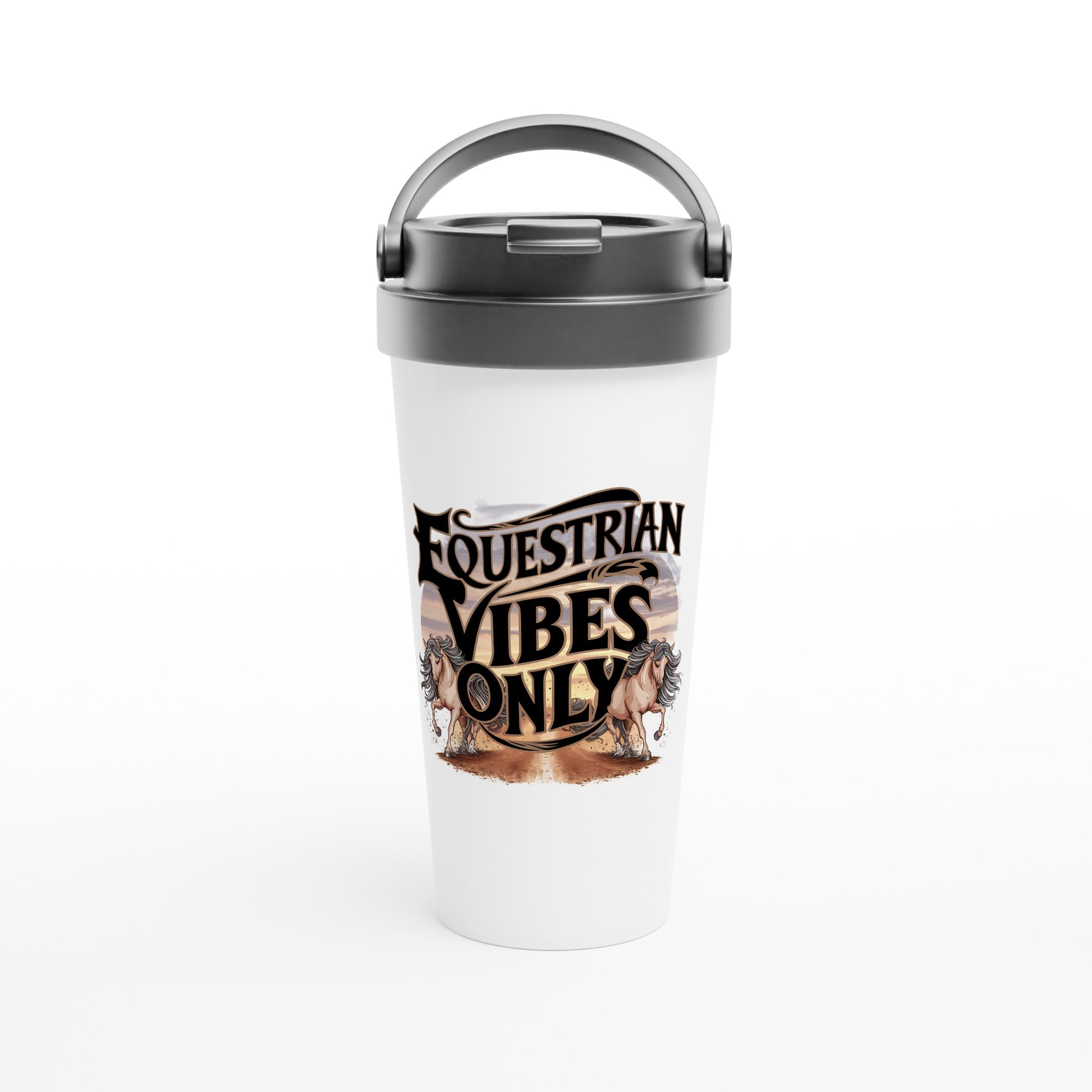 White travel tumbler with "Equestrian Vibes Only" text and galloping horses design, perfect for horse enthusiasts.

