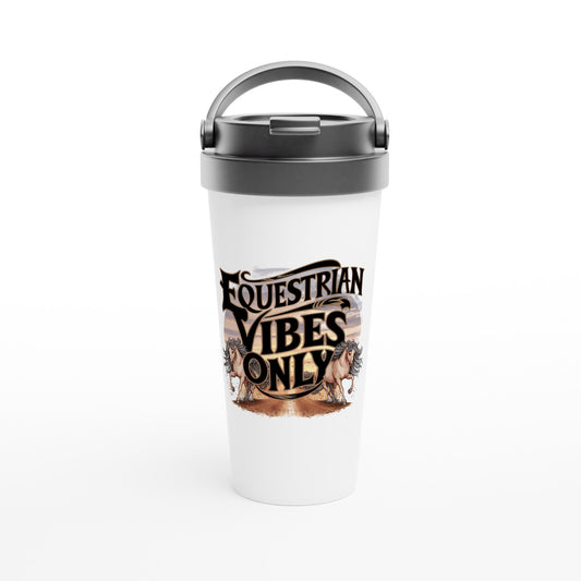 White travel tumbler with "Equestrian Vibes Only" text and galloping horses design, perfect for horse enthusiasts.

