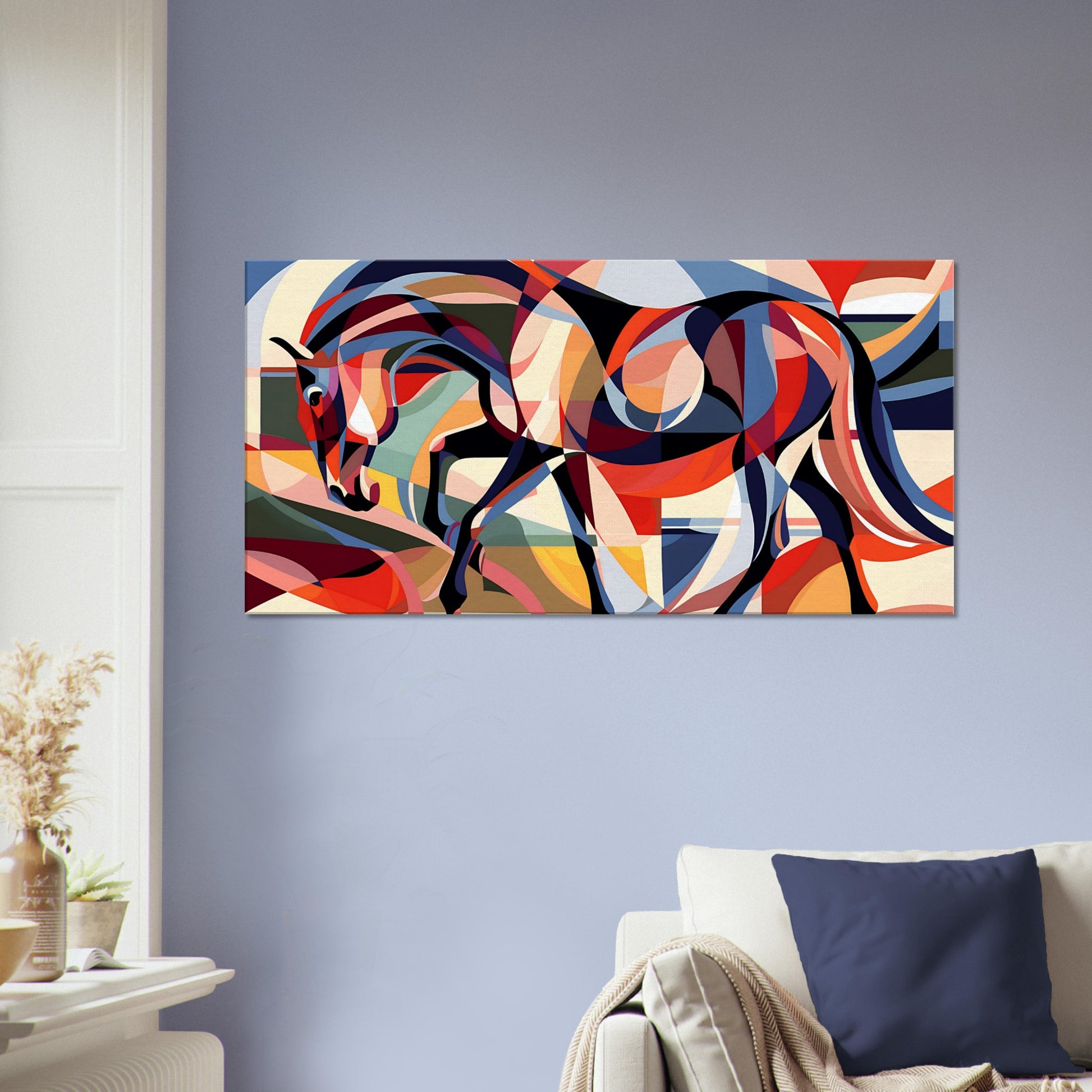 Abstract canvas wall art titled "Equine Harmony," featuring a colorful geometric silhouette of a horse, ideal for modern decor.