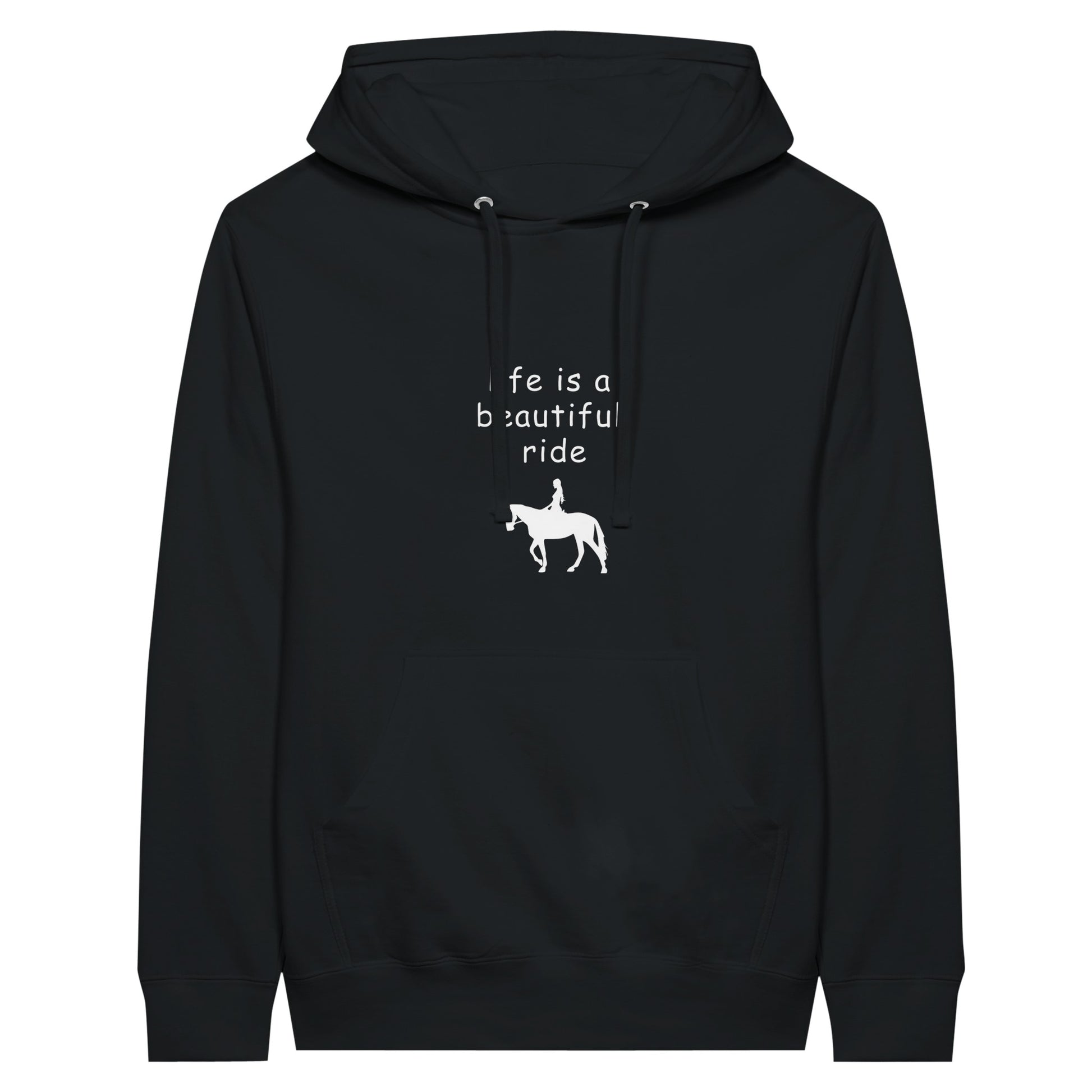 Black hoodie with "Life is a beautiful ride" text and horse rider silhouette for equestrian enthusiasts

