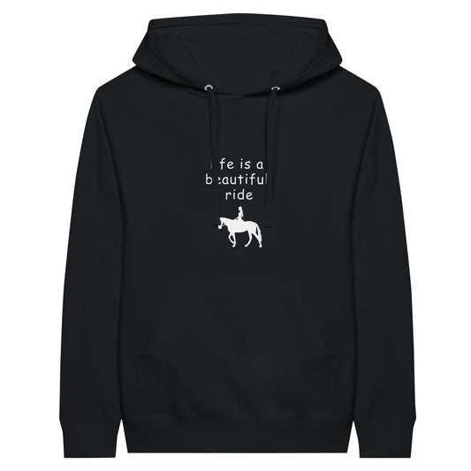 Black hoodie with "Life is a beautiful ride" text and horse rider silhouette for equestrian enthusiasts

