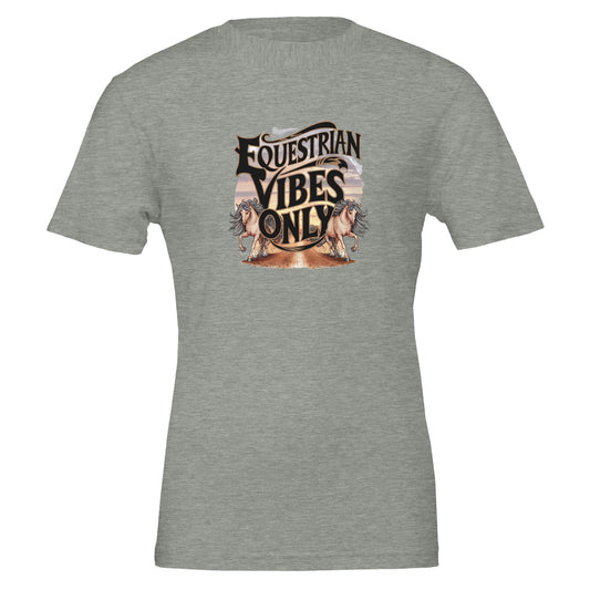 Gray t-shirt with "Equestrian Vibes Only" text and horse graphics, ideal for equestrian enthusiasts.

