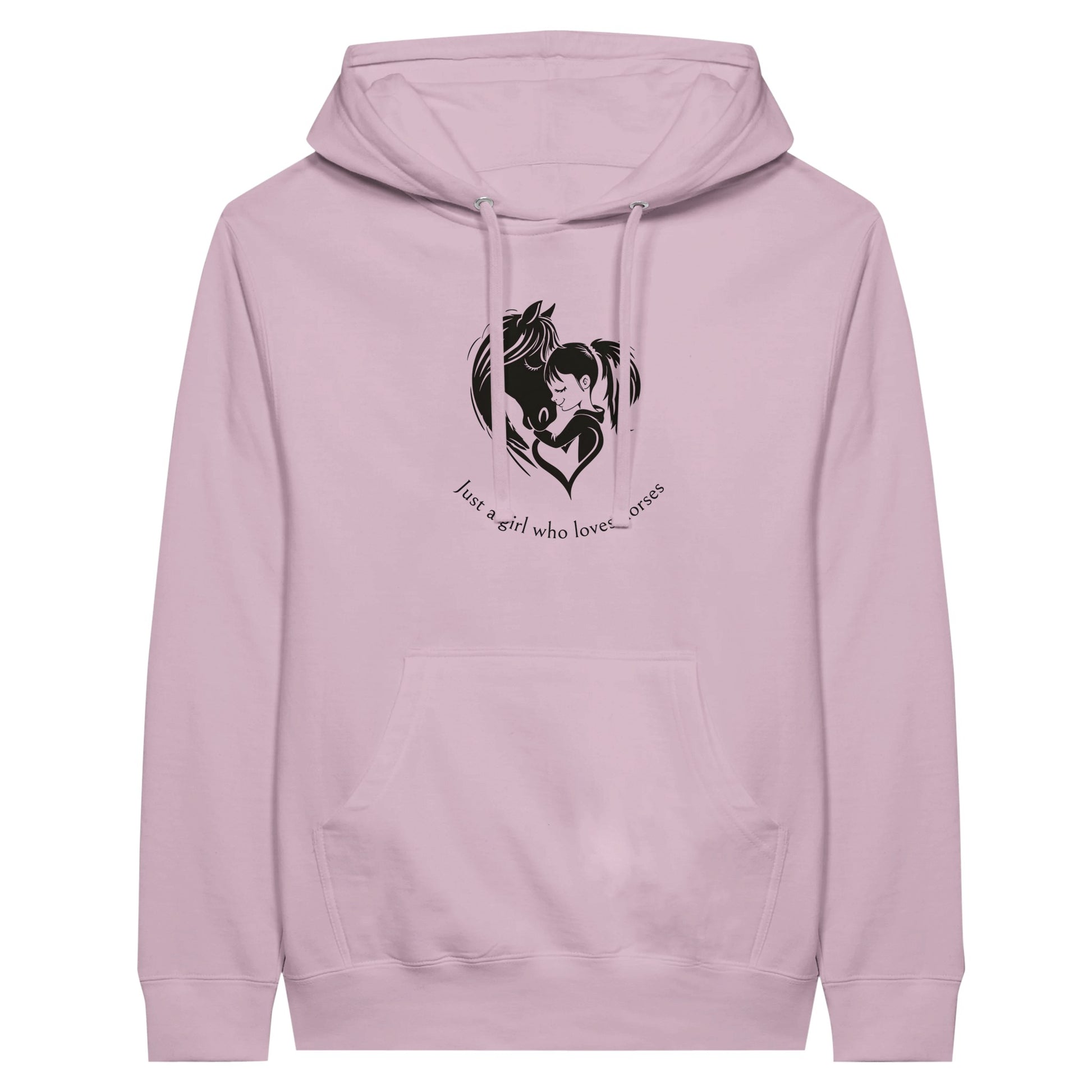 Pink hoodie with "Just a girl who loves horses" text for equestrian enthusiasts