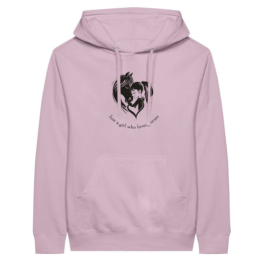 Pink hoodie with "Just a girl who loves horses" text for equestrian enthusiasts