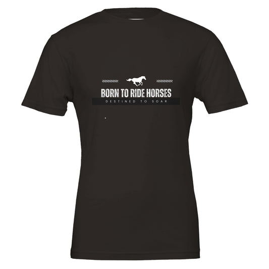 Black T-shirt with the quote "Born to ride horses, destined to soar," for horse riding enthusiasts.