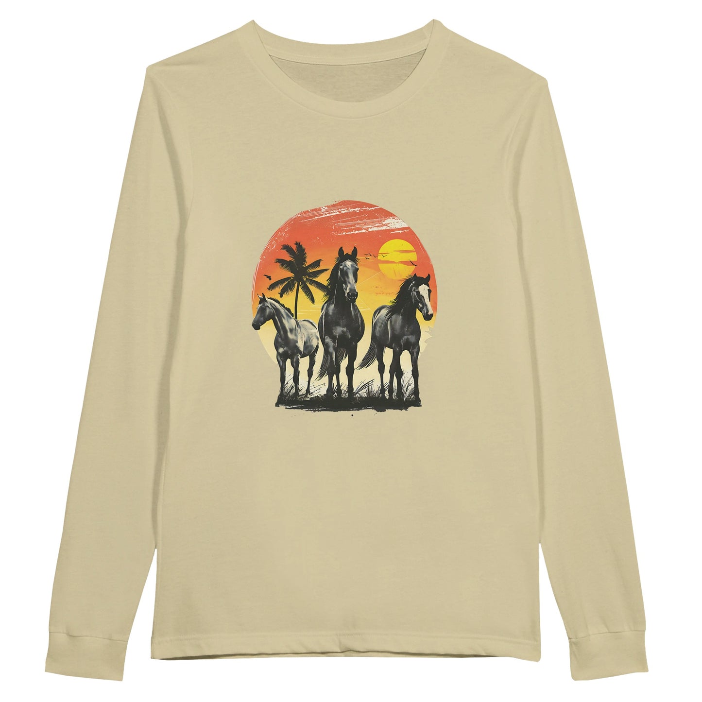 Beige long sleeve equestrian shirt with a graphic of three horses standing against a vivid sunset and tropical background.

