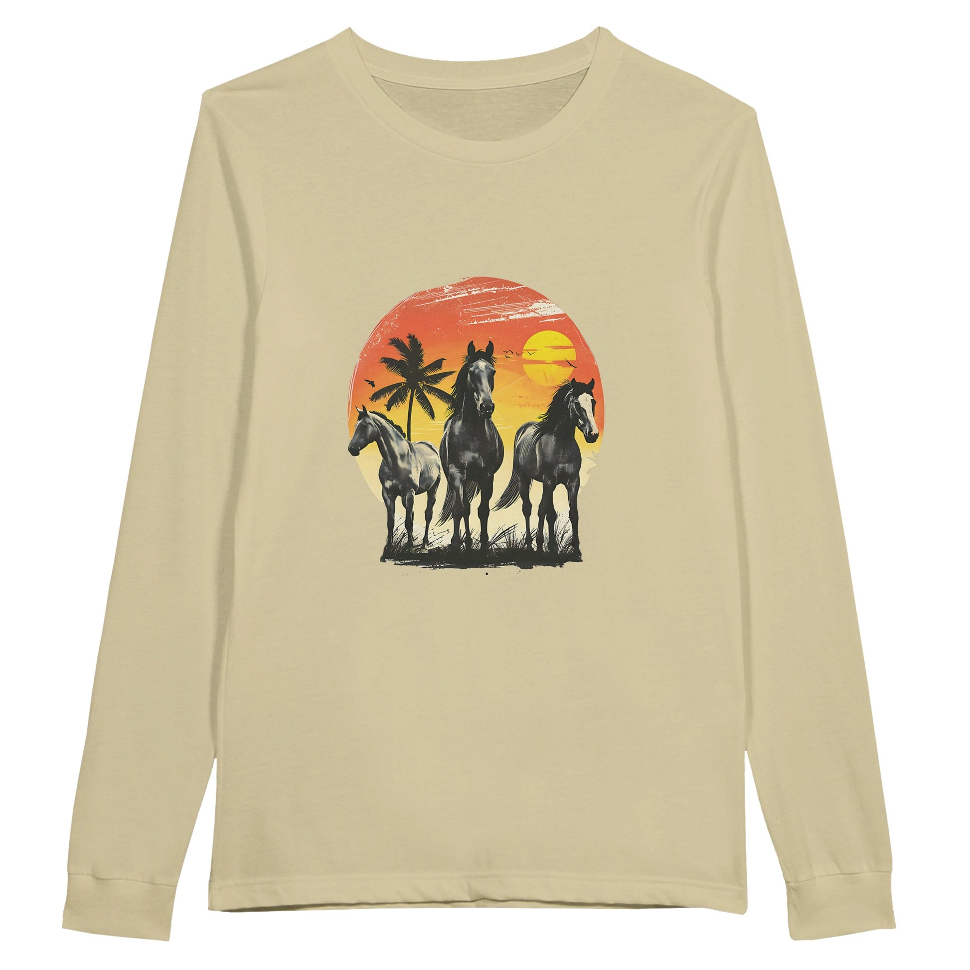 Beige long sleeve equestrian shirt with a graphic of three horses standing against a vivid sunset and tropical background.


