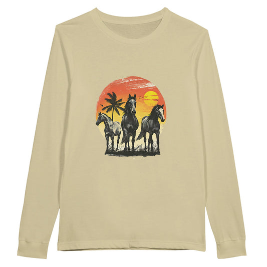 Beige long sleeve equestrian shirt with a graphic of three horses standing against a vivid sunset and tropical background.

