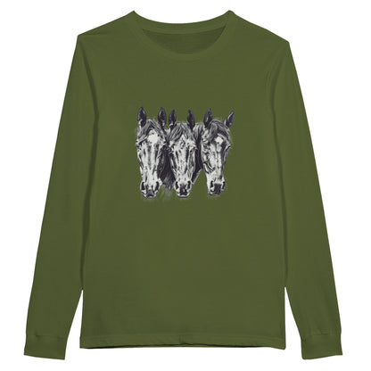 Green long sleeve shirt with three horse head designs, ideal for equestrian enthusiasts.

