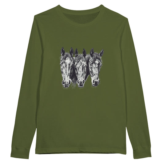 Green long sleeve shirt with three horse head designs, ideal for equestrian enthusiasts.

