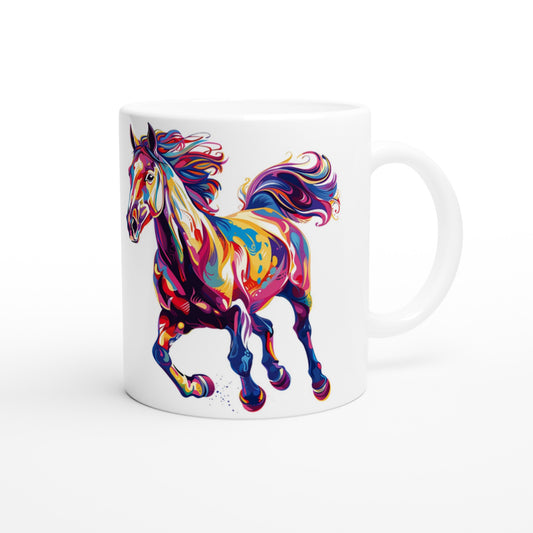 White coffee mug with a colorful horse design, perfect gift for horse lovers.

