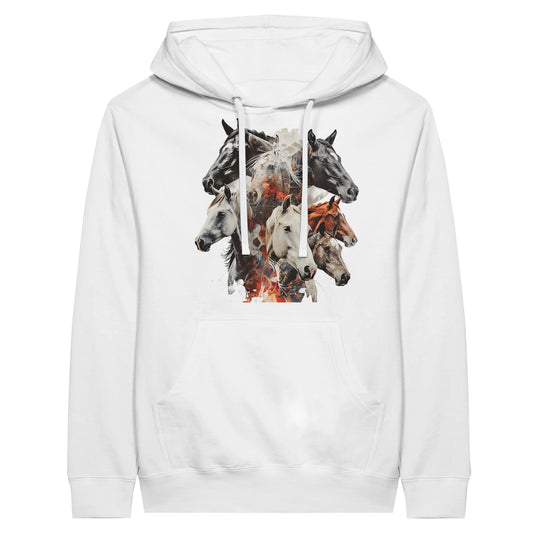White unisex hoodie featuring a majestic herd of horses design, perfect for equine enthusiasts and cozy barn days.

